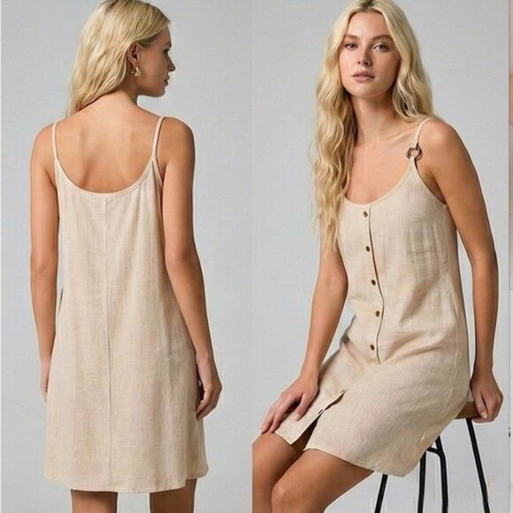 Oatmeal Linen Blend Button Front Mini Dress Spaghetti Strap - Picture 2 of 5